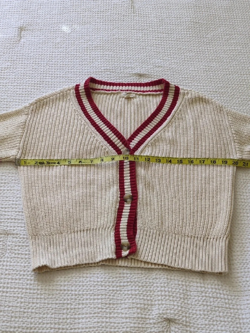 Mason & Belle Cream 100% Cotton Cardigan Sweater - Red & Navy Stripe Trim